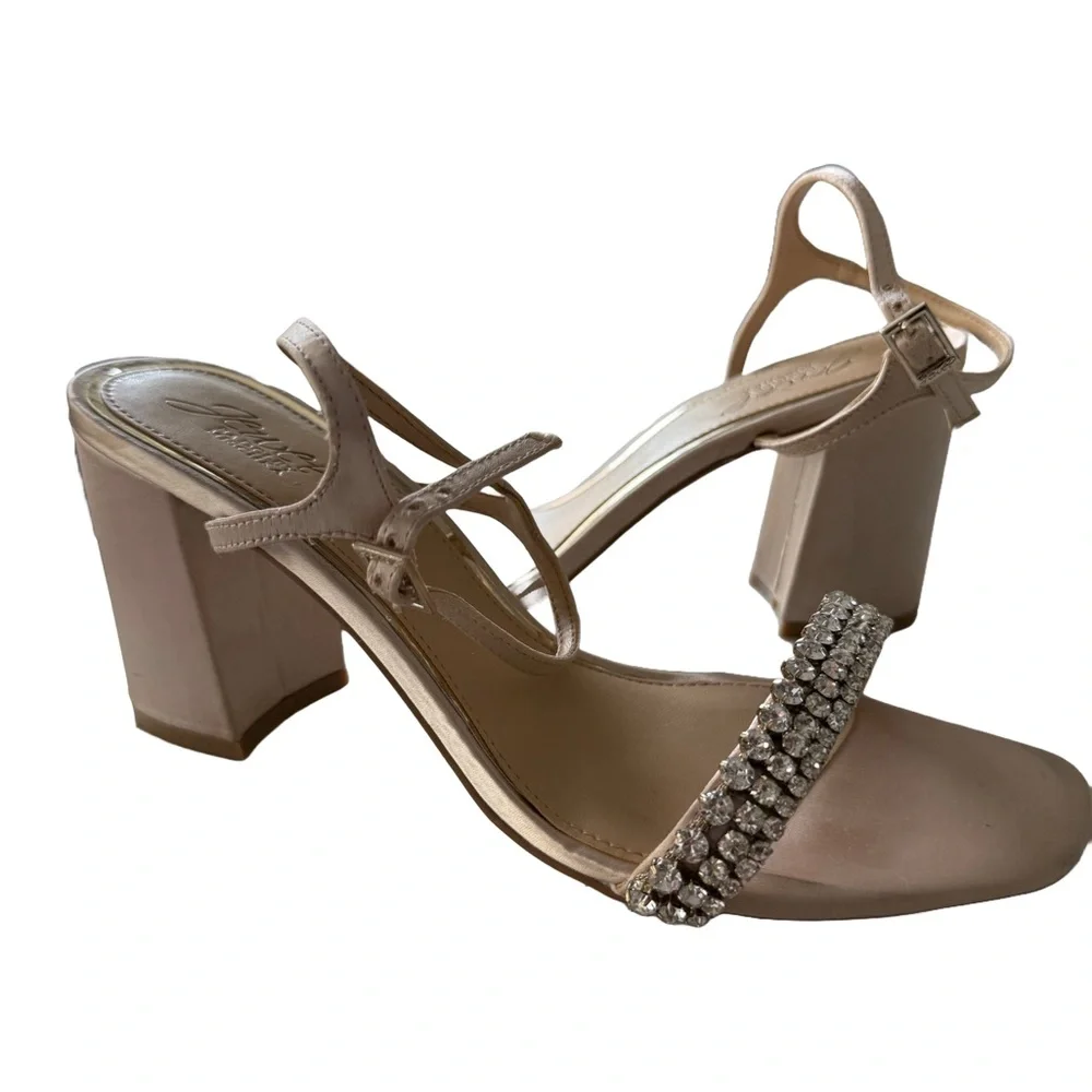 Jewel Badgley Mischka Lori Crystal Block Heel Sandals Champagne Satin Size 9 - Picture 3 of 14